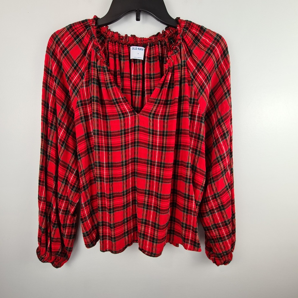 Old Navy Womens Red Plaid V-Neck Long Sleeve Ruffle Peasant Blouse M Holiday
